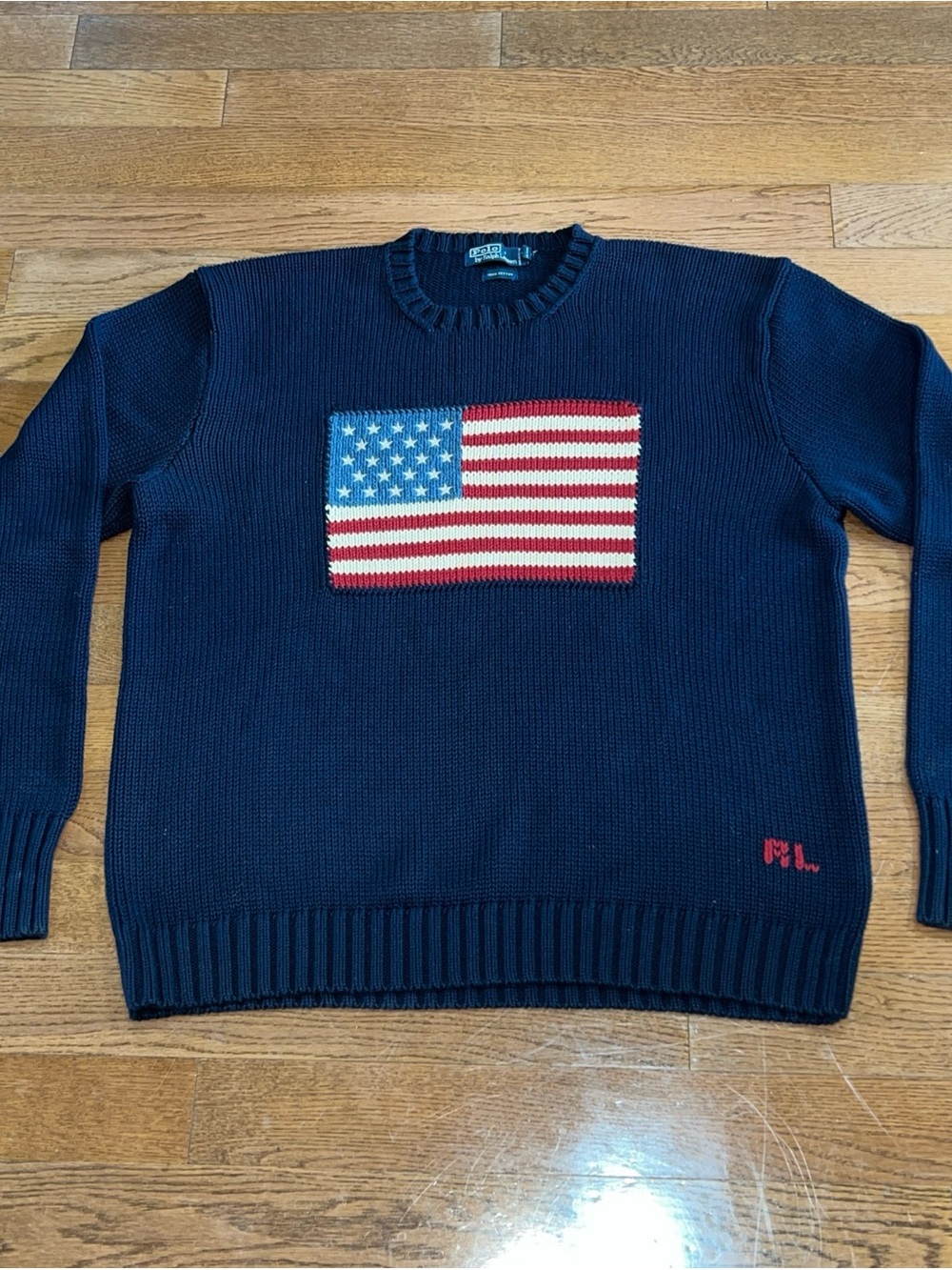 Vtg 90s Polo Ralph Lauren American Flag Knit Crewneck Sweater Sz XL Navy USA